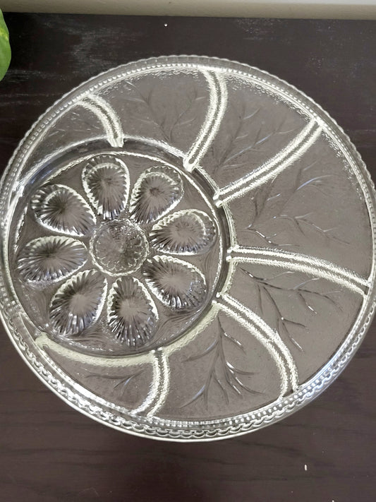 Vintage 1970s Indiana Glass Co. Deviled Egg Clear Glass Divided Heavy Serving Platter Tray (sorry,no shipping) w Pebble Leaf Design Pattern