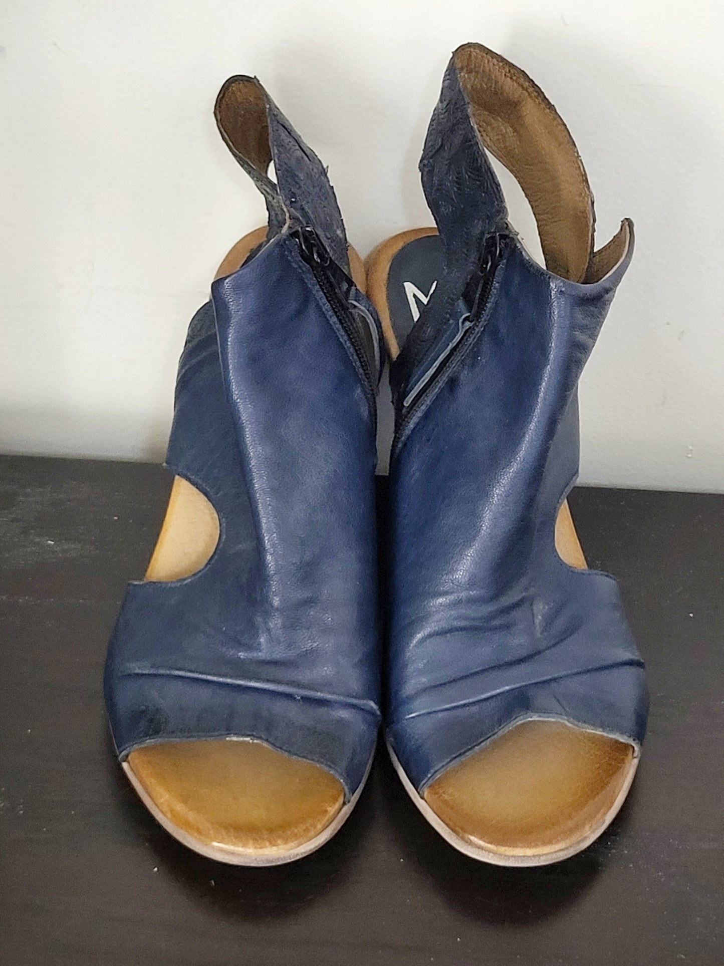 Miz Mooz navy leather peep-toe heeled sandals. Size 39 (US size 8)