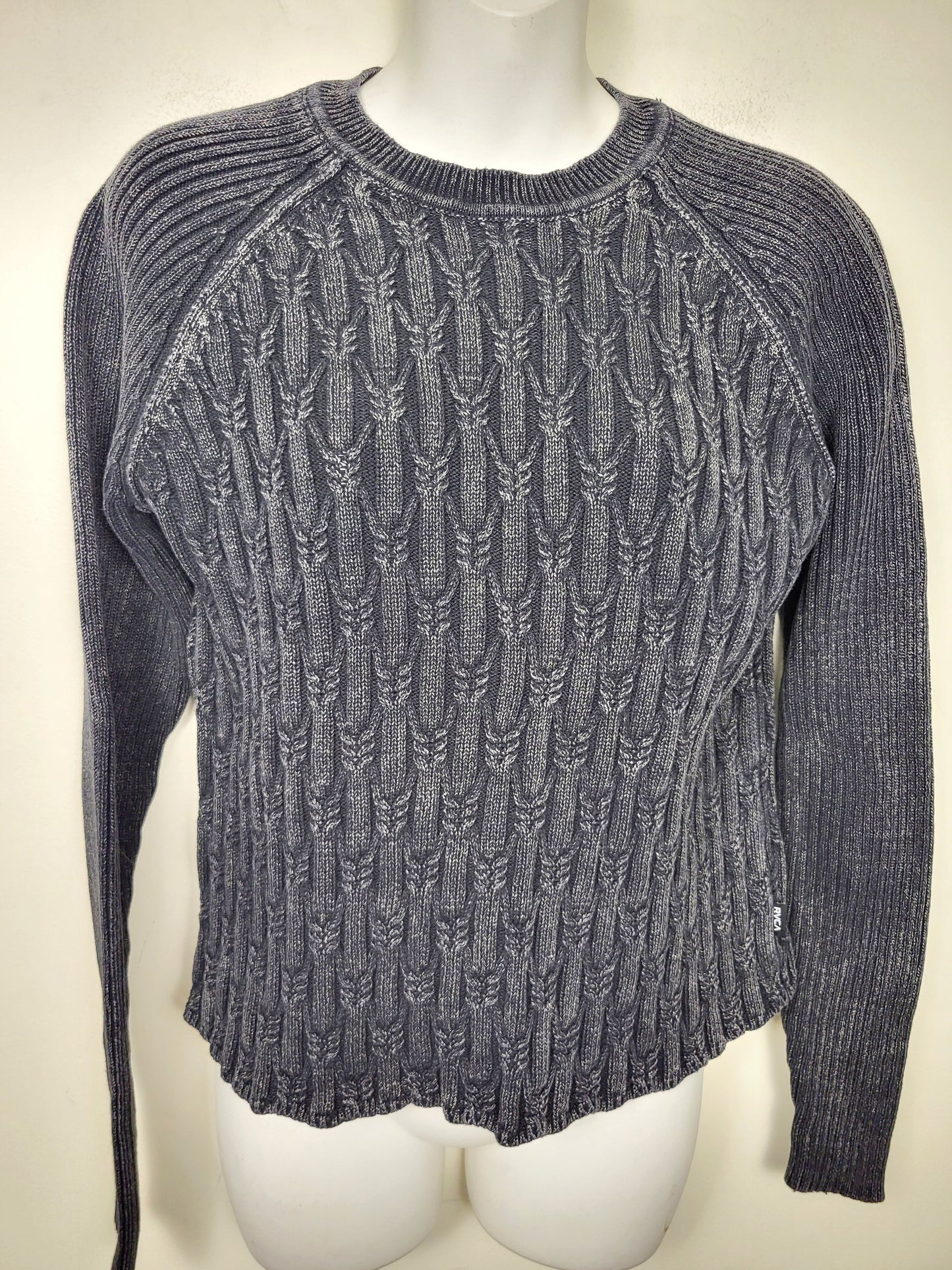 RVCA black and grey distressed cable knit sweater. Size large