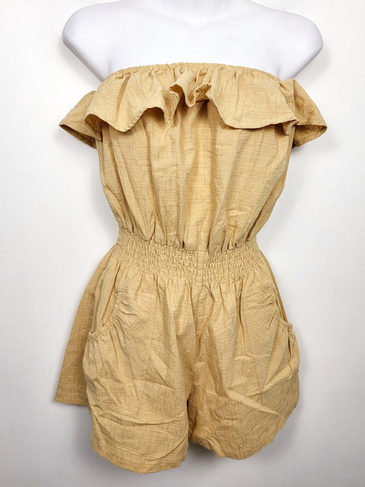 Promesa golden yellow off the shoulder ruffle romper. Size small