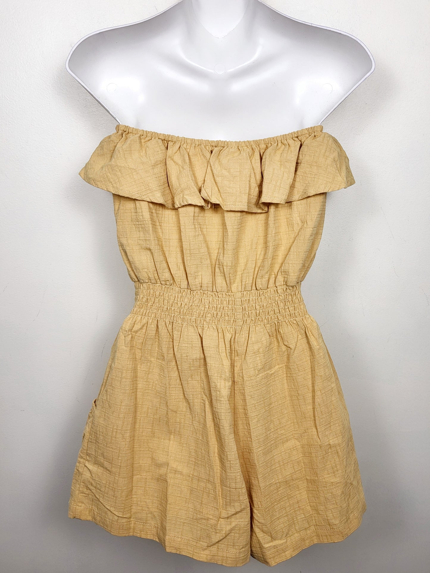 Promesa golden yellow off the shoulder ruffle romper. Size small