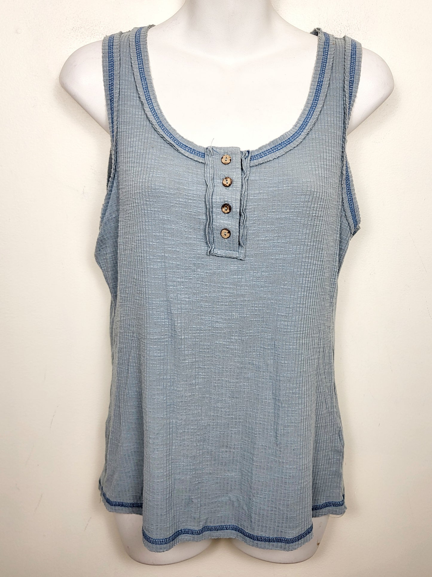 La Miel blue distressed Henley tank top. Size medium
