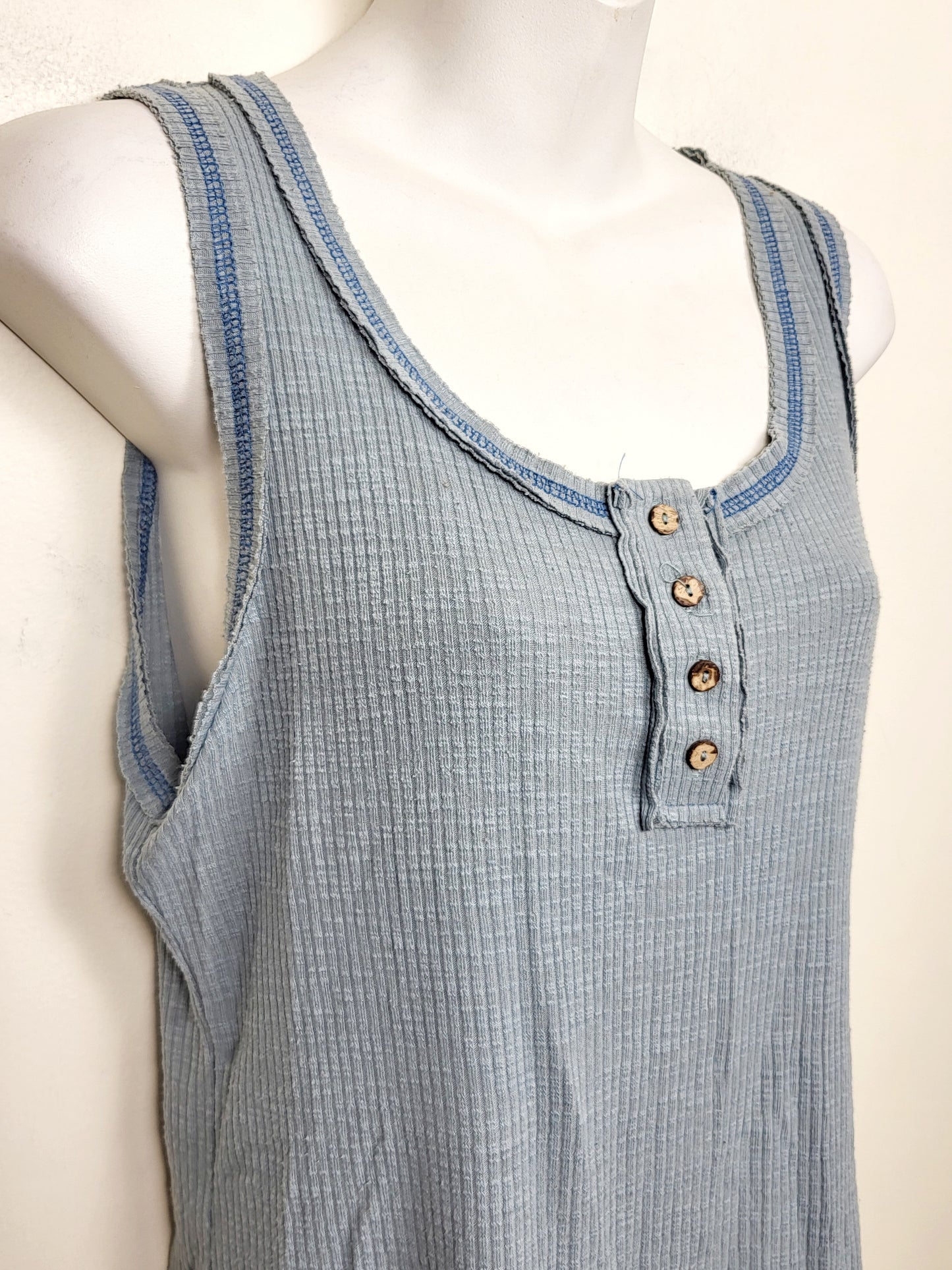 La Miel blue distressed Henley tank top. Size medium
