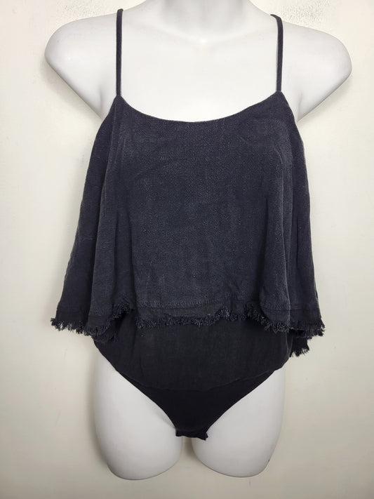 Promesa black linen blend fringed bodysuit. Size small