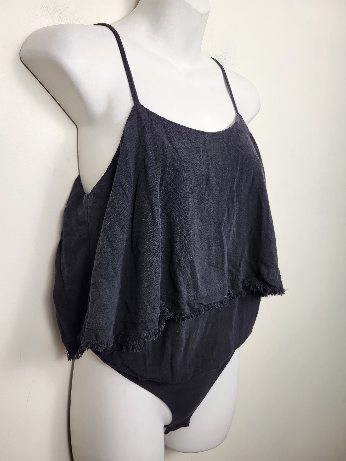 Promesa black linen blend fringed bodysuit. Size small