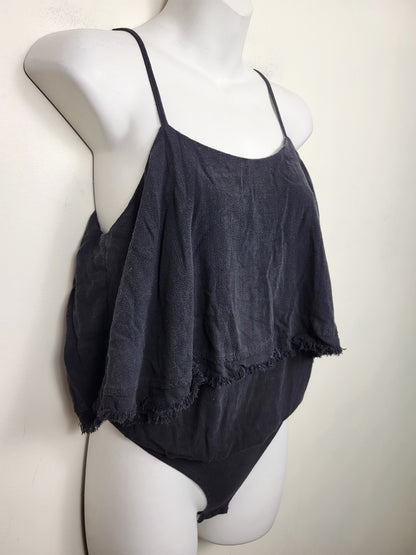 Promesa black linen blend fringed bodysuit. Size small