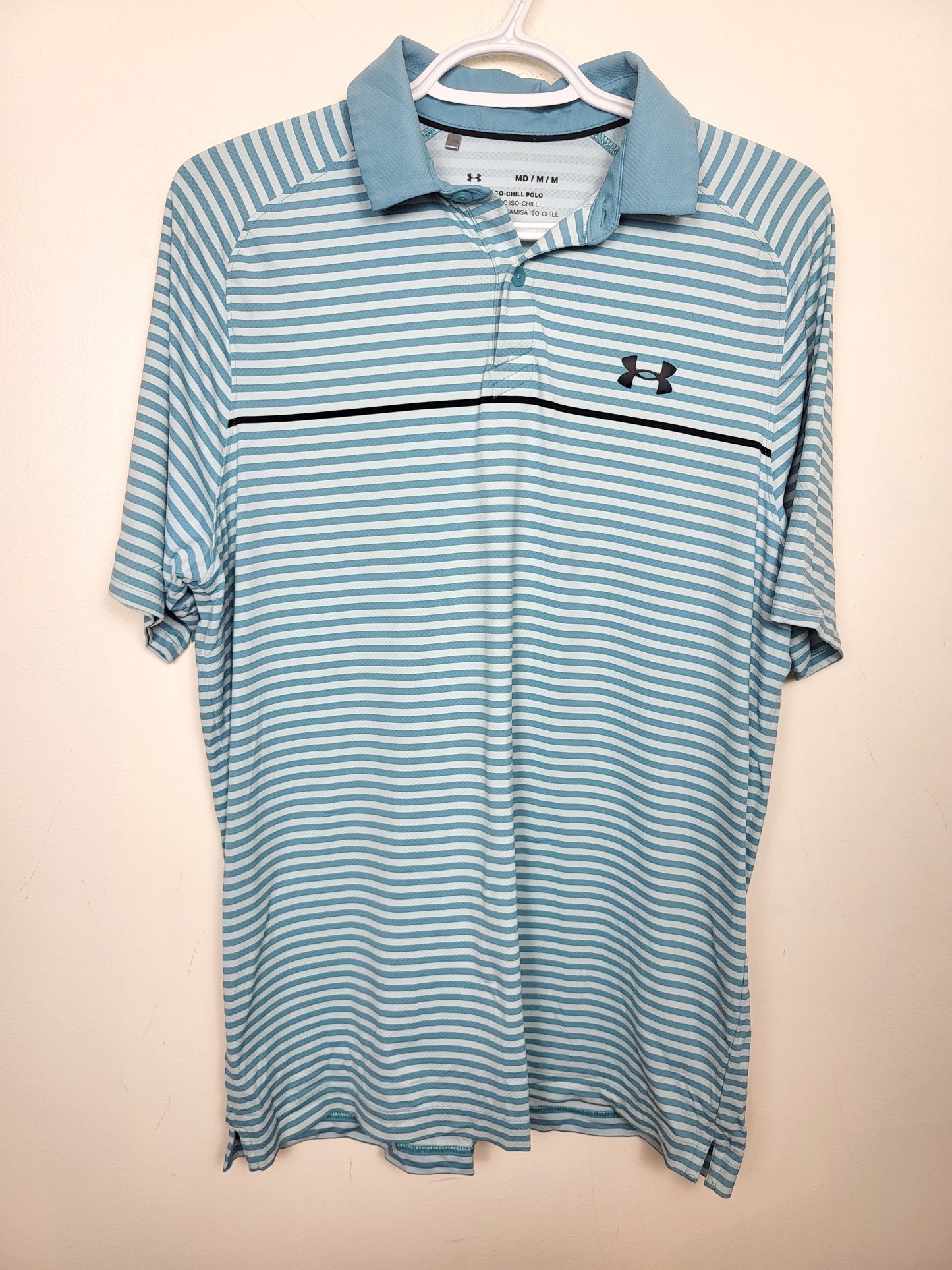 Under Armour blue striped loose fit Iso-Chill polo shirt. Size medium