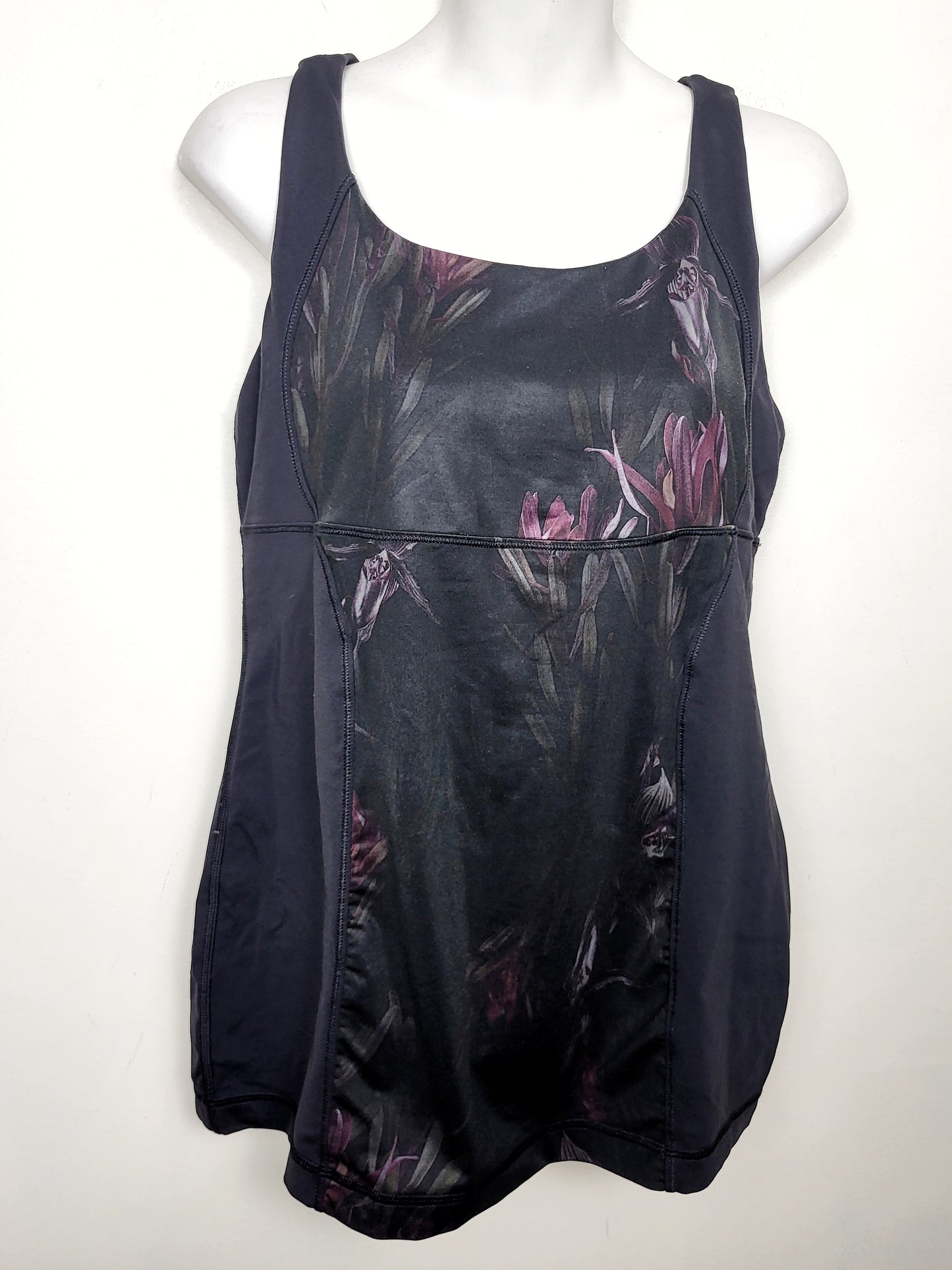 Lululemon black floral print energy tank. Approx size 6
