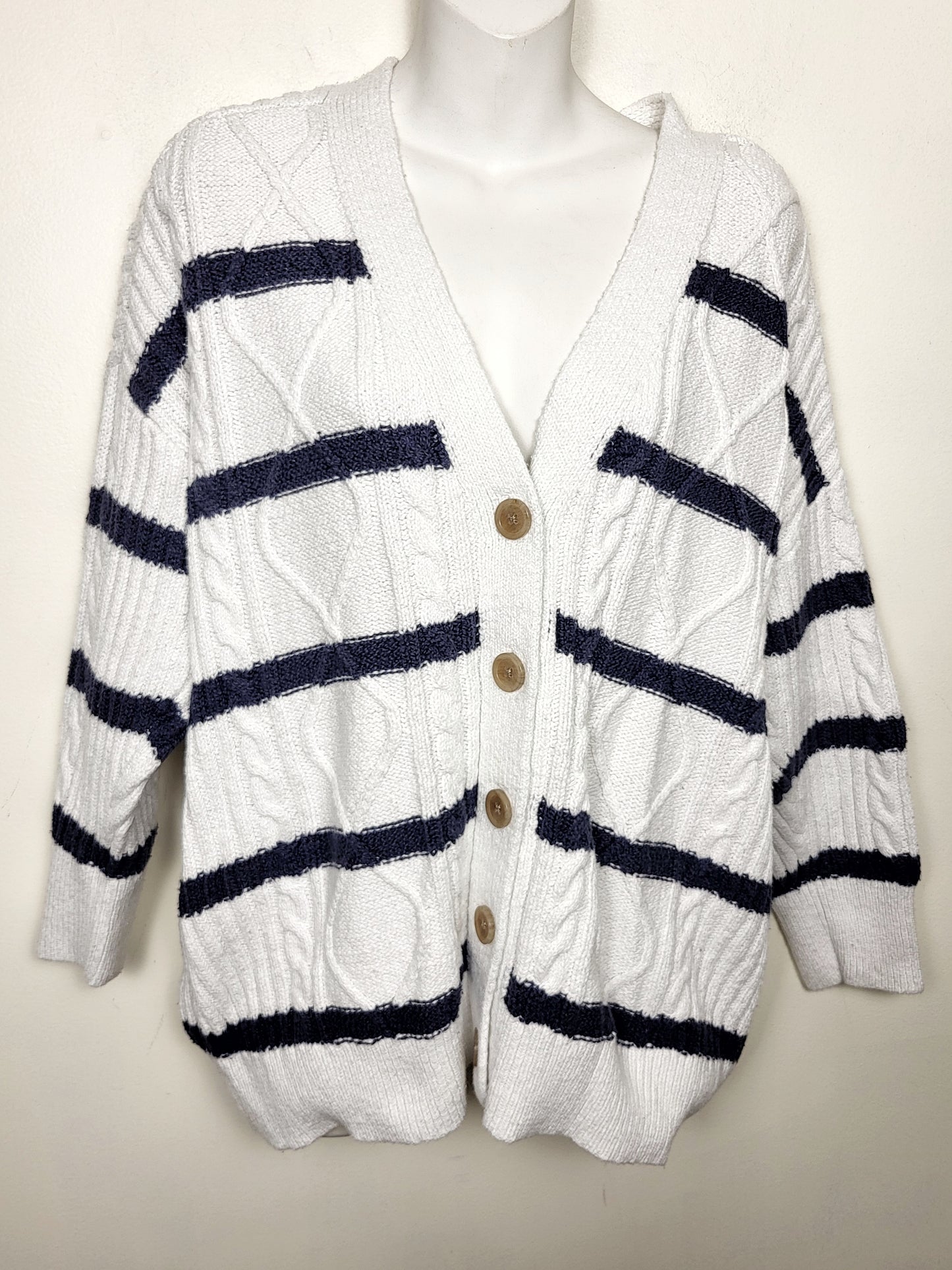 Aerie white and navy striped cable knit cardigan sweater. Size medium