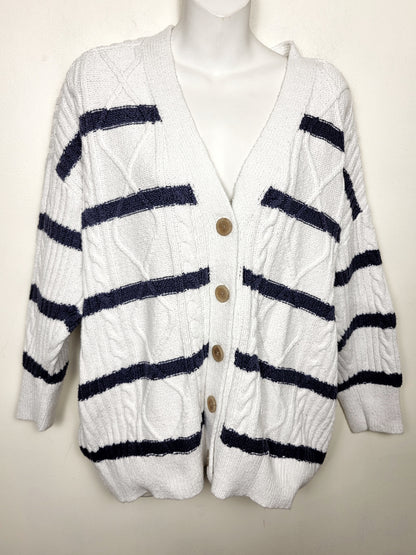 Aerie white and navy striped cable knit cardigan sweater. Size medium
