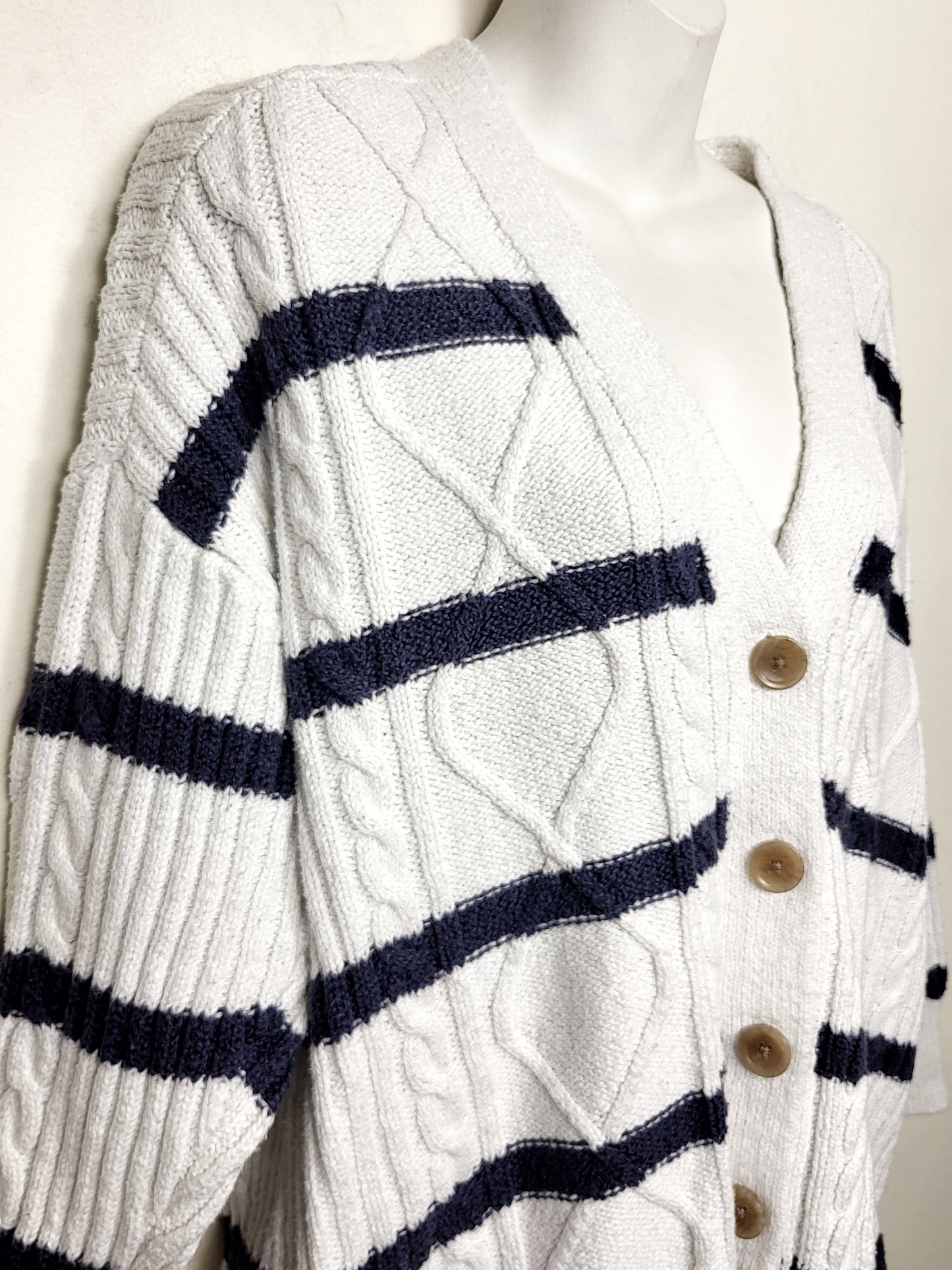 Aerie white and navy striped cable knit cardigan sweater. Size medium