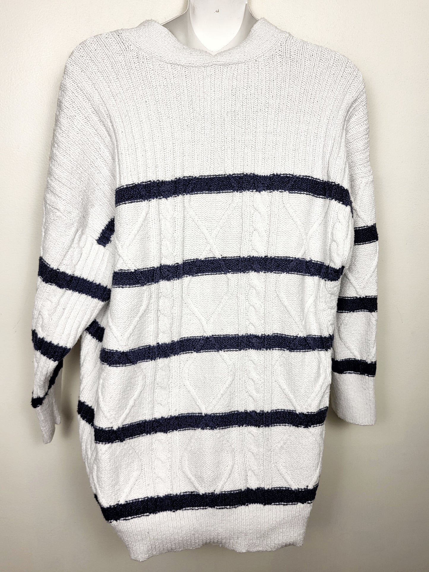 Aerie white and navy striped cable knit cardigan sweater. Size medium