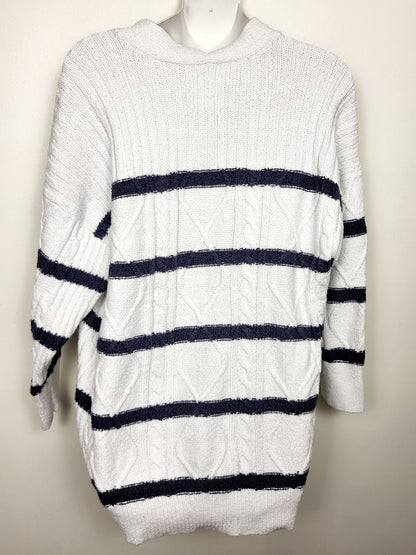 Aerie white and navy striped cable knit cardigan sweater. Size medium