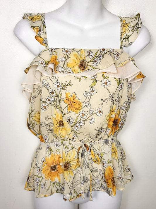 Promesa pale yellow floral print ruffle top. Size small