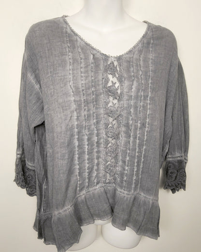Gretty Zeuger grey distressed style Boho top with lace detail. Size medium