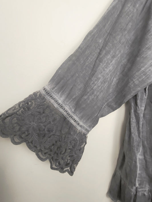 Gretty Zeuger grey distressed style Boho top with lace detail. Size medium