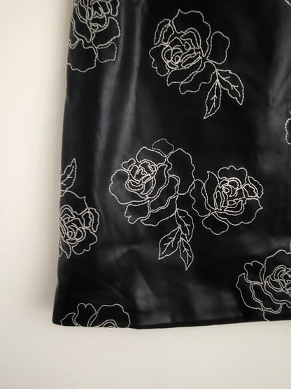 RW and Co. black floral embroidered faux leather mini skirt. Size 8