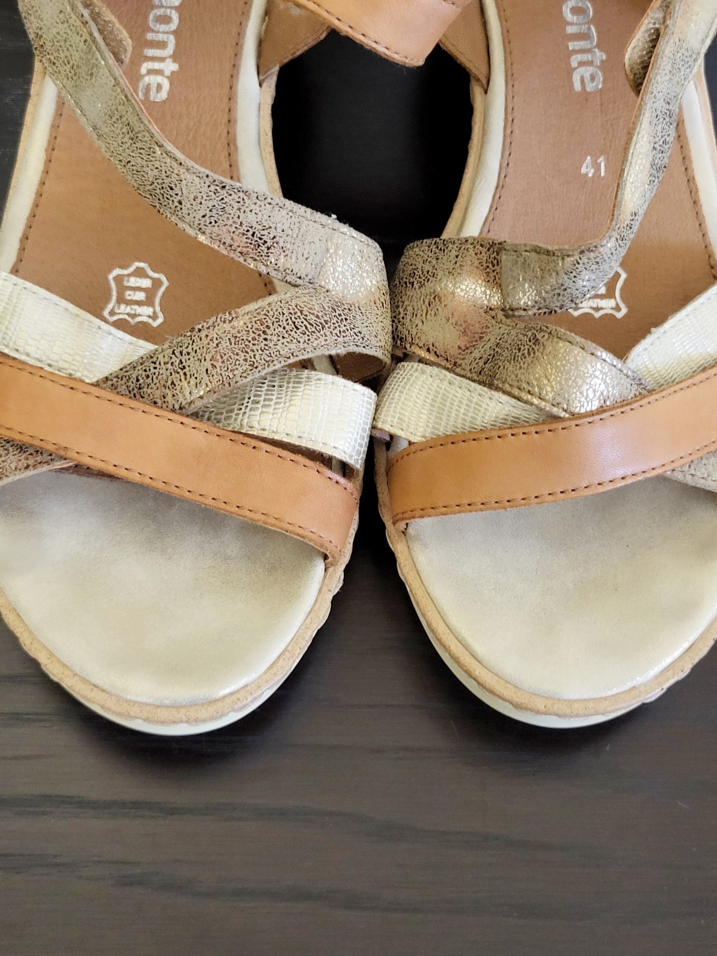Remonte Tan/Gold criss-cross wedge sandals. Size 41 (US size 10)