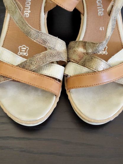 Remonte Tan/Gold criss-cross wedge sandals. Size 41 (US size 10)