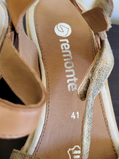 Remonte Tan/Gold criss-cross wedge sandals. Size 41 (US size 10)