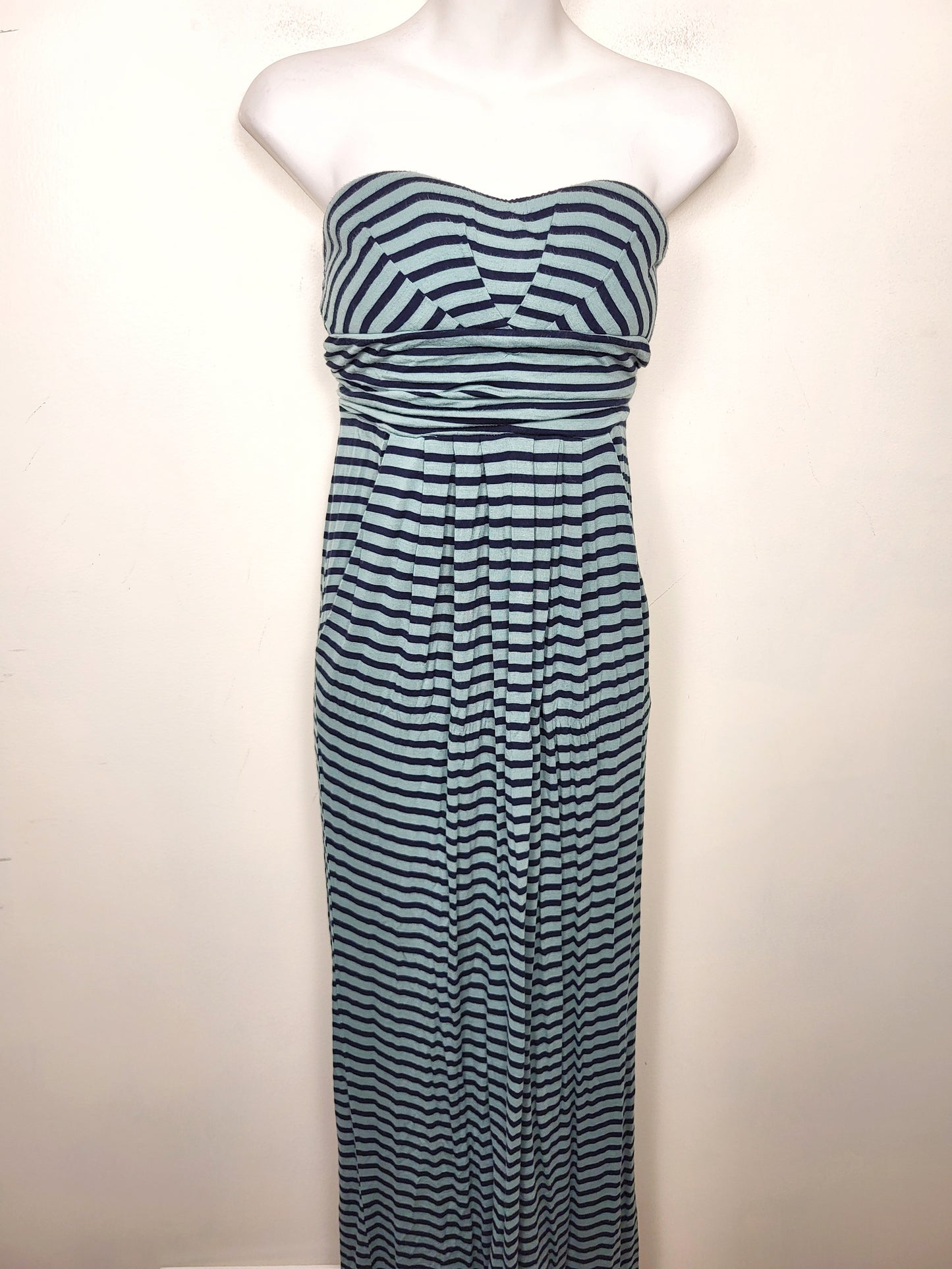 Kismet teal and navy striped strapless maxi dress. Size Medium