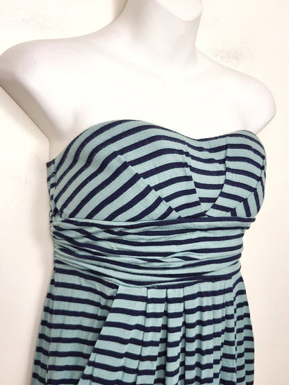 Kismet teal and navy striped strapless maxi dress. Size Medium