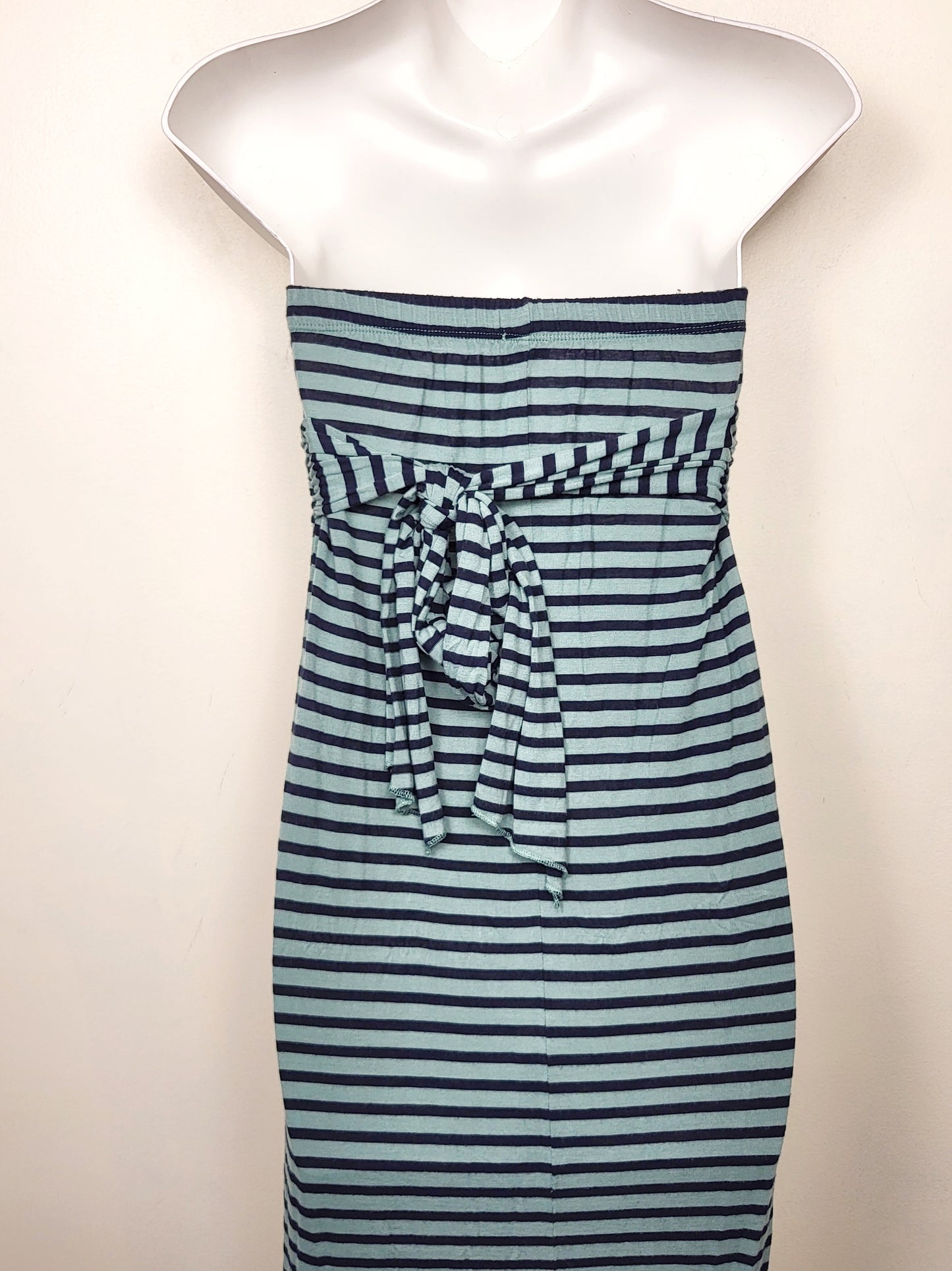 Kismet teal and navy striped strapless maxi dress. Size Medium