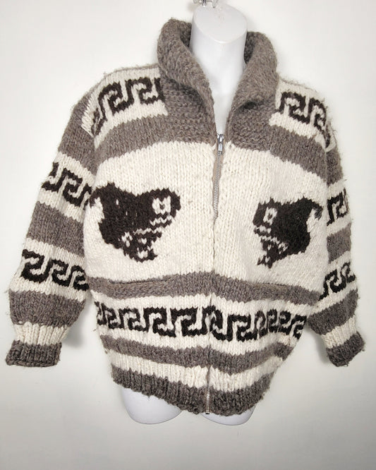 Authentic Cowichan Coast Salish shawl collar hand knit wool sweater with whale and thunderbird motif | Size Medium / Large