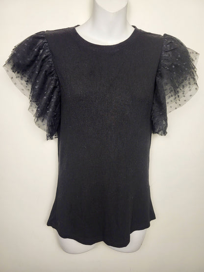 Black rib knit top with plka dot tulle sleeves | Size MEDIUM