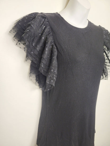 Black rib knit top with plka dot tulle sleeves | Size MEDIUM