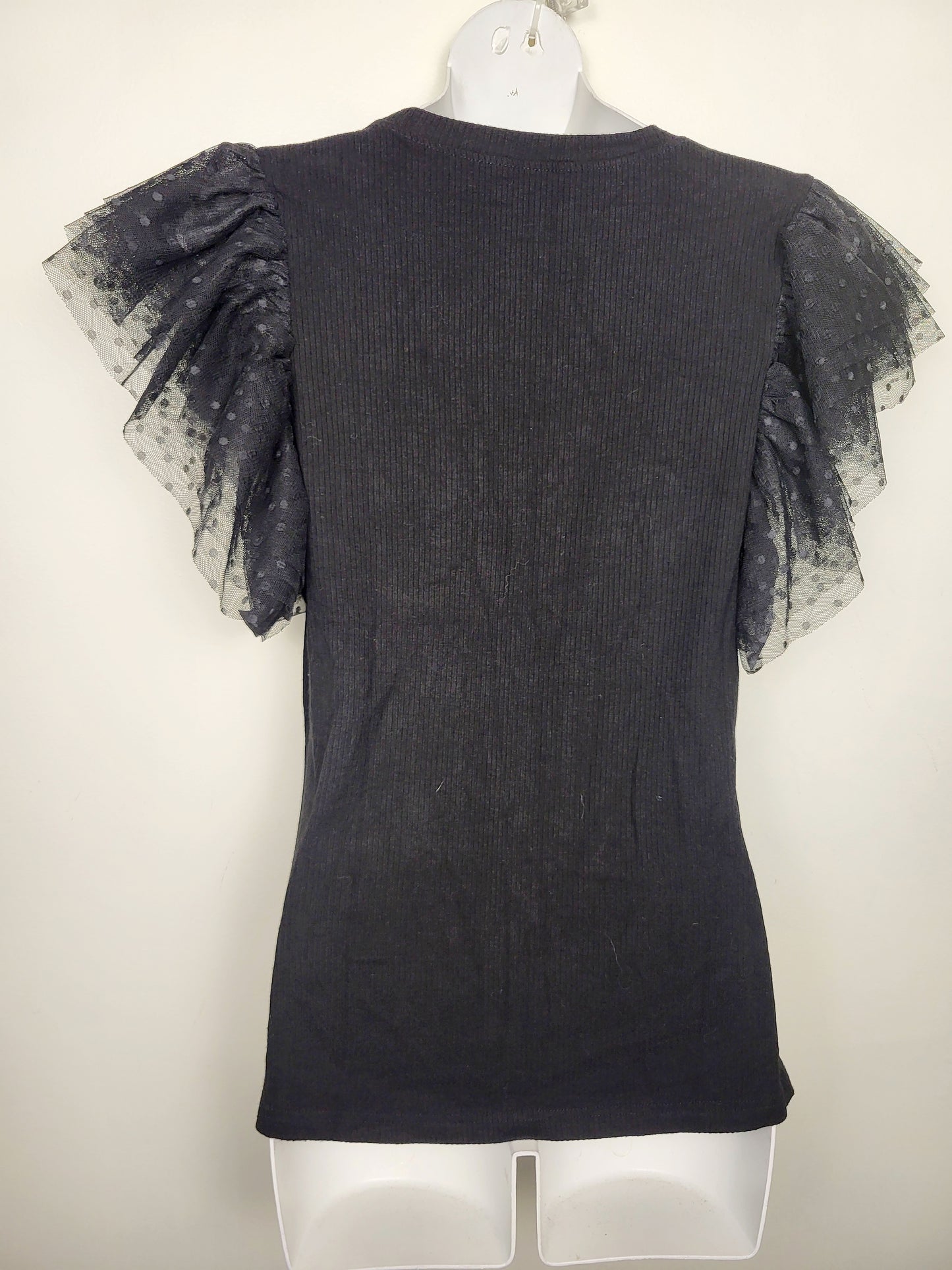 Black rib knit top with plka dot tulle sleeves | Size MEDIUM