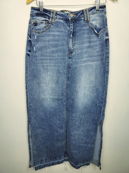 Kancan distressed high waisted denim maxi skirt | Sizes as a MEDIUM