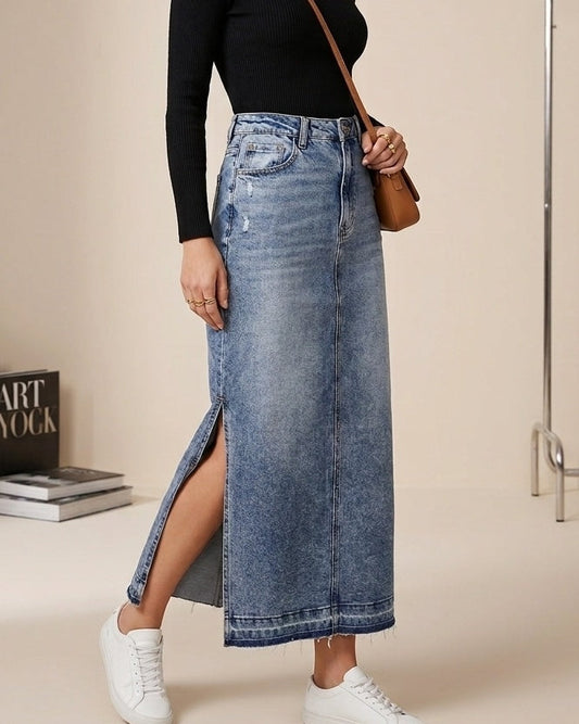 Kancan distressed high waisted denim maxi skirt | Sizes as a MEDIUM