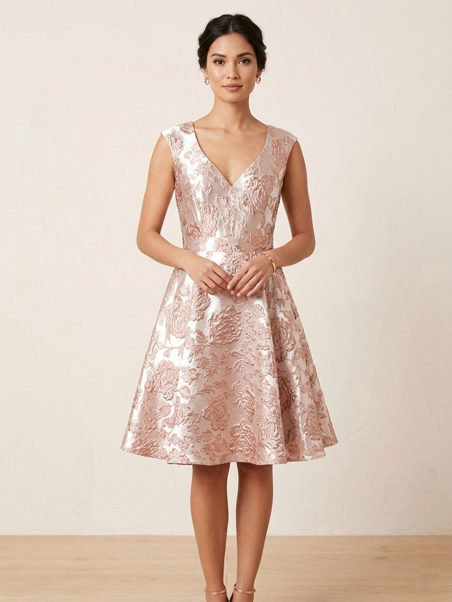 NEW - Le Chateau jacquard floral print A-line dress with pink and rose gold | Size MEDIUM