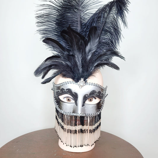 REWNDZ - Black and silver masquerade mask with feathers, minor flaws