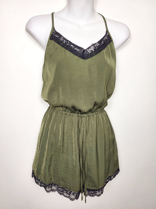 Hollister olive green satin feel lace trim romper | Size XS