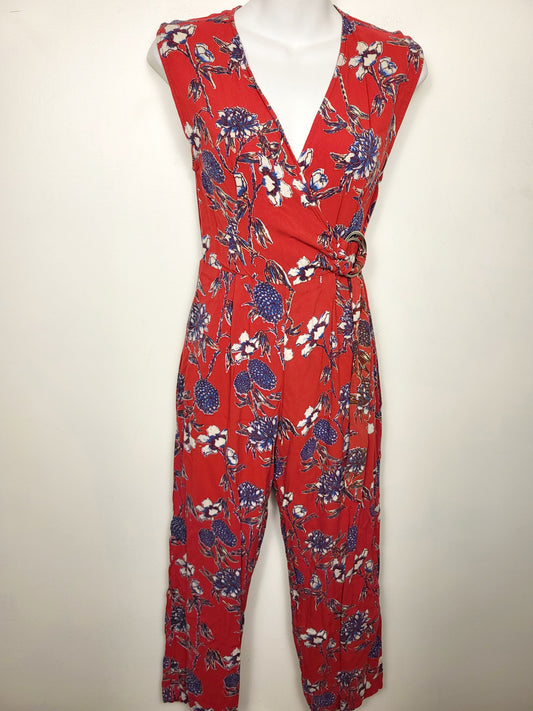 Angie red floral print open back romper | Size SMALL