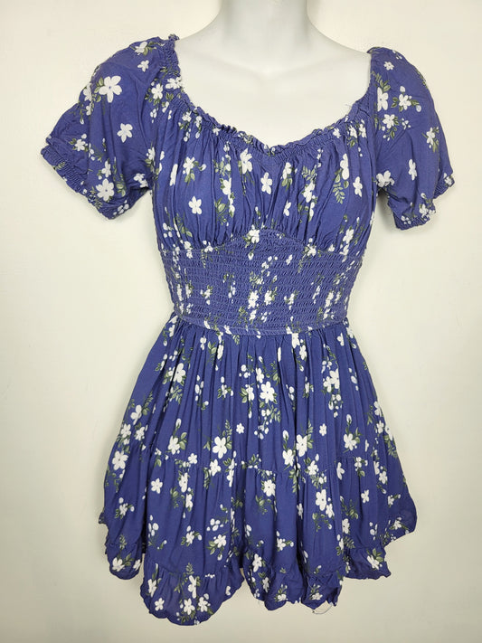 Bluenotes blue floral print smocked mini dress with attached bike shorts | Size SMALL