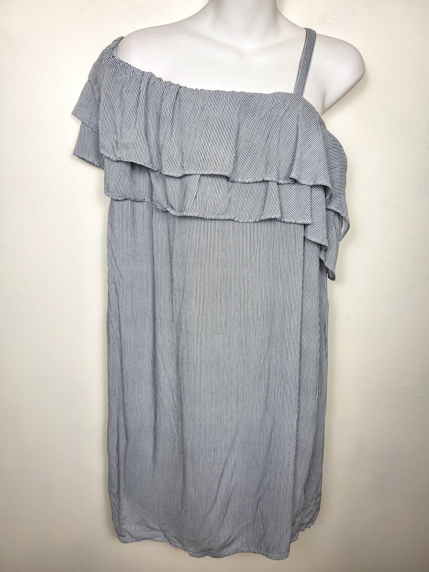 Crossroads blue striped ruffled one shoulder viscose dress | Size 18