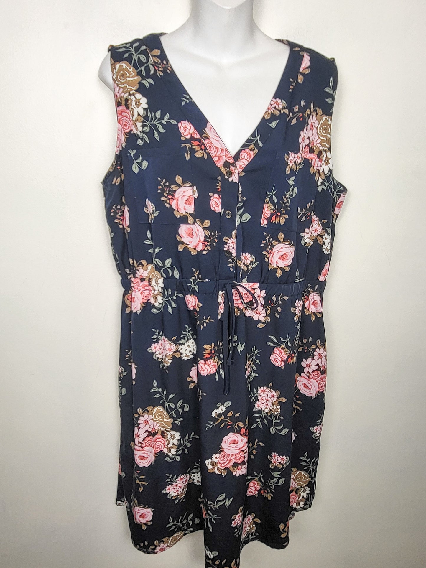 Warehouse One navy floral print half button dress | Size XL