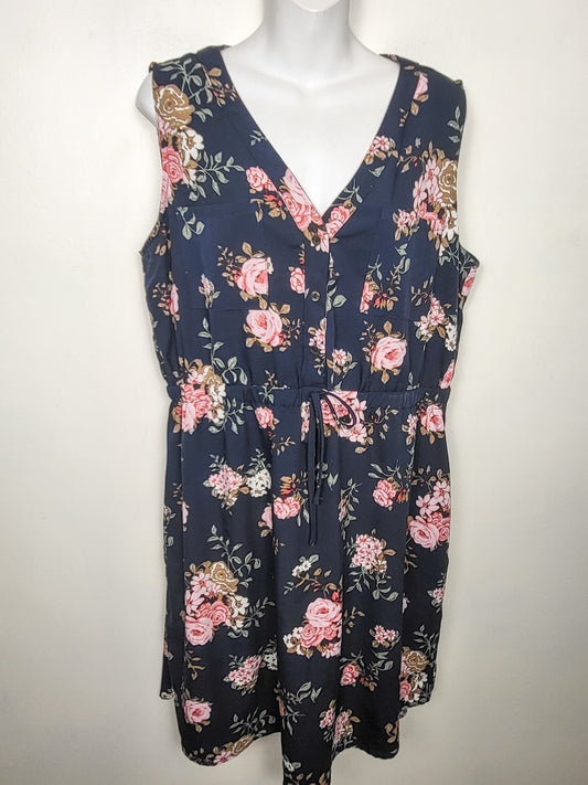 Warehouse One navy floral print half button dress | Size XL