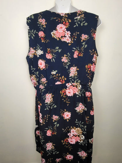 Warehouse One navy floral print half button dress | Size XL