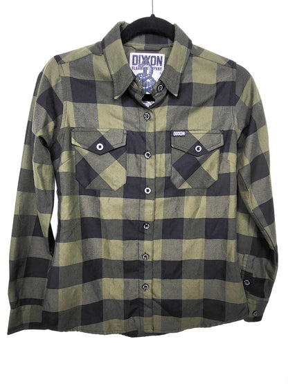Dixxon olive green buffalo plaid flannel button down shirt | Ladies size small