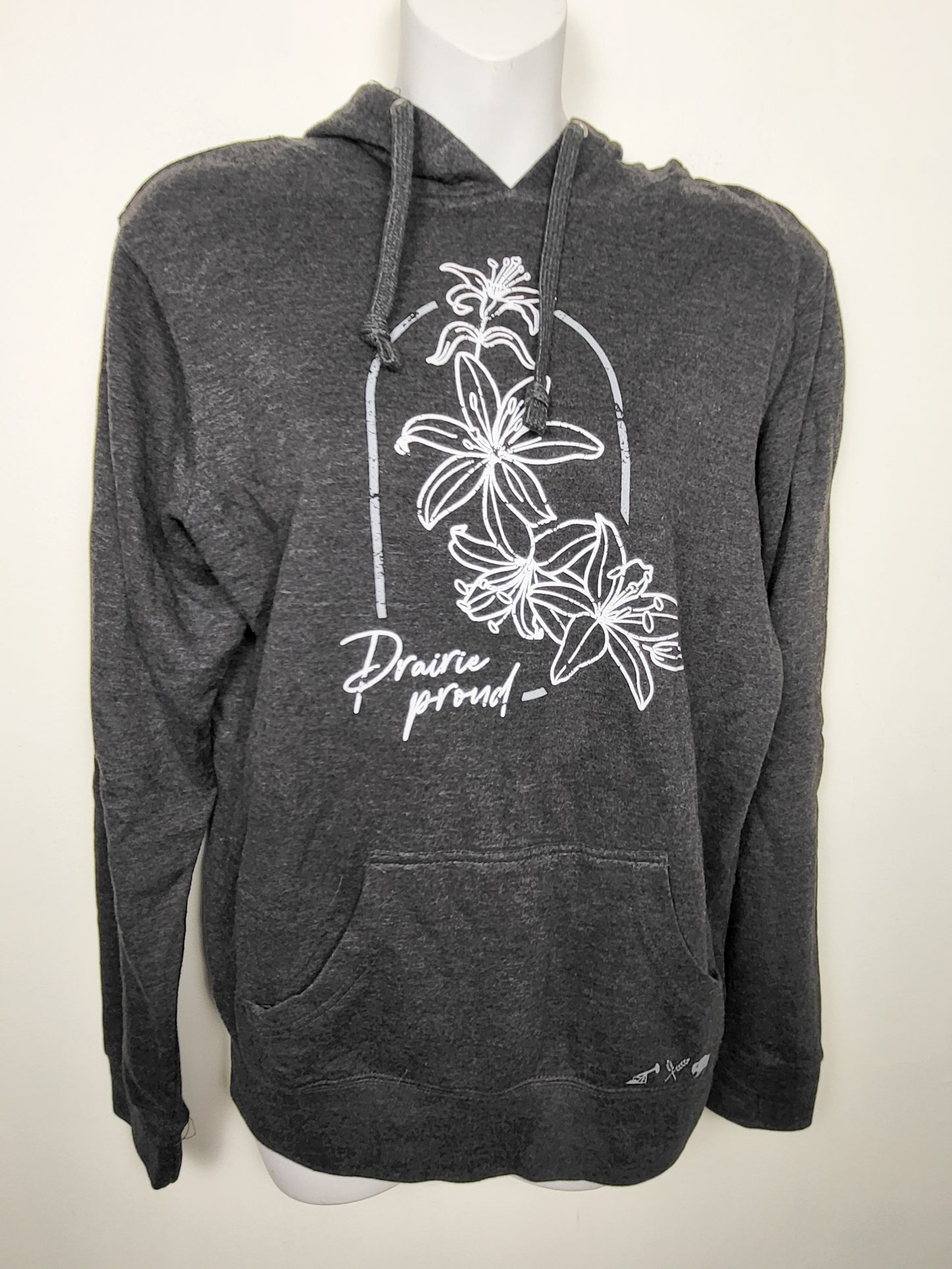 Prairie Proud charcoal fleecy lined hoodie with lilies | Size SMALL