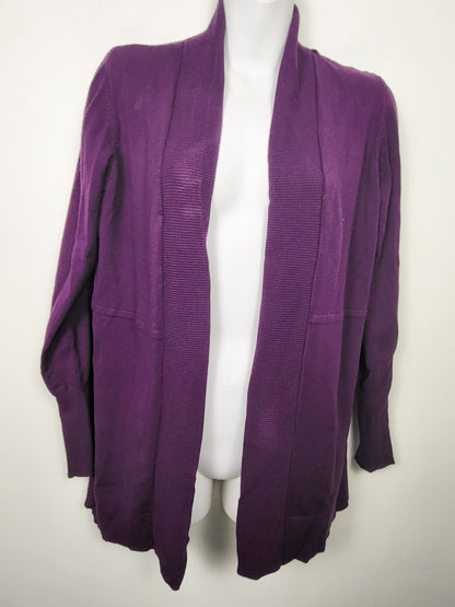 Laura Ribbed-Trim Open-Front Cardigan in a deep plum purple | Size SMALL
