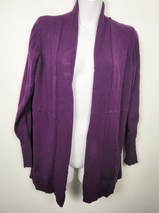 Laura Ribbed-Trim Open-Front Cardigan in a deep plum purple | Size SMALL