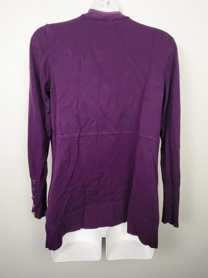 Laura Ribbed-Trim Open-Front Cardigan in a deep plum purple | Size SMALL