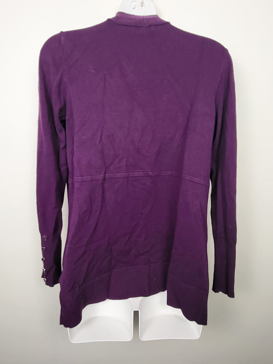 Laura Ribbed-Trim Open-Front Cardigan in a deep plum purple | Size SMALL