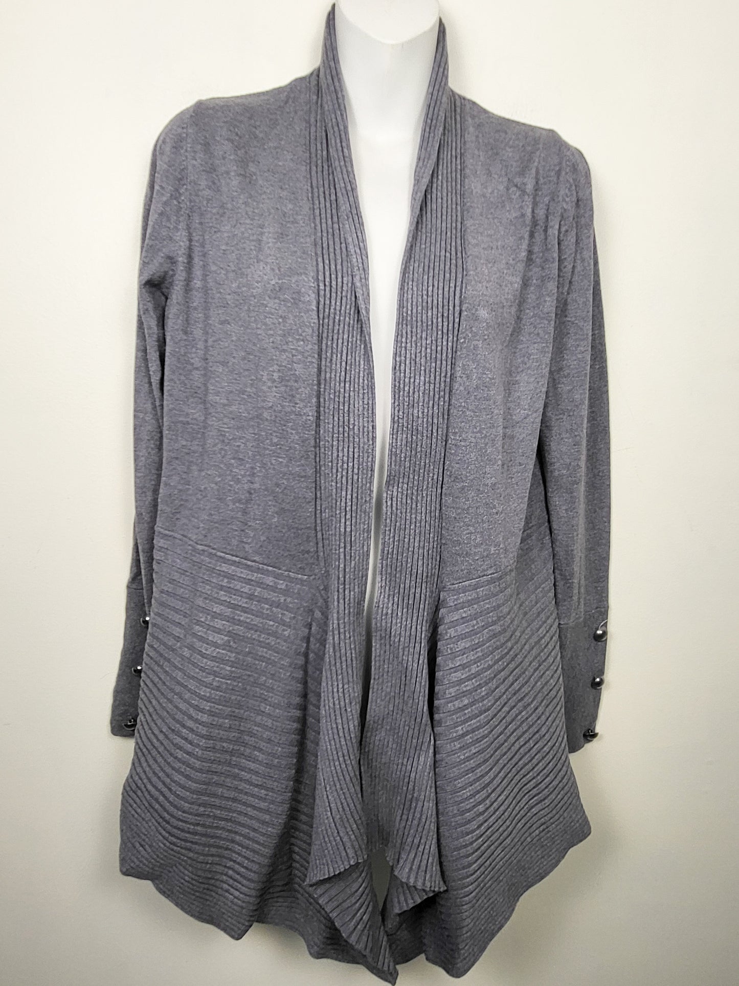 Laura Grey Ribbed Cascade Open-Front Cardigan | Size SMALL