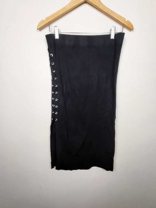 Black Tape back knit side lace up midi pencil skirt | Size LARGE